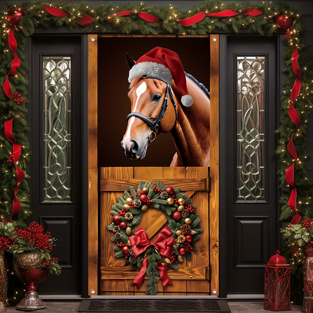 

Vintage Christmas Horse Wreath Door Banner - Durable Polyester, Holiday & New Year Decor, 35.4 X Inches - Ideal For & Room Doors