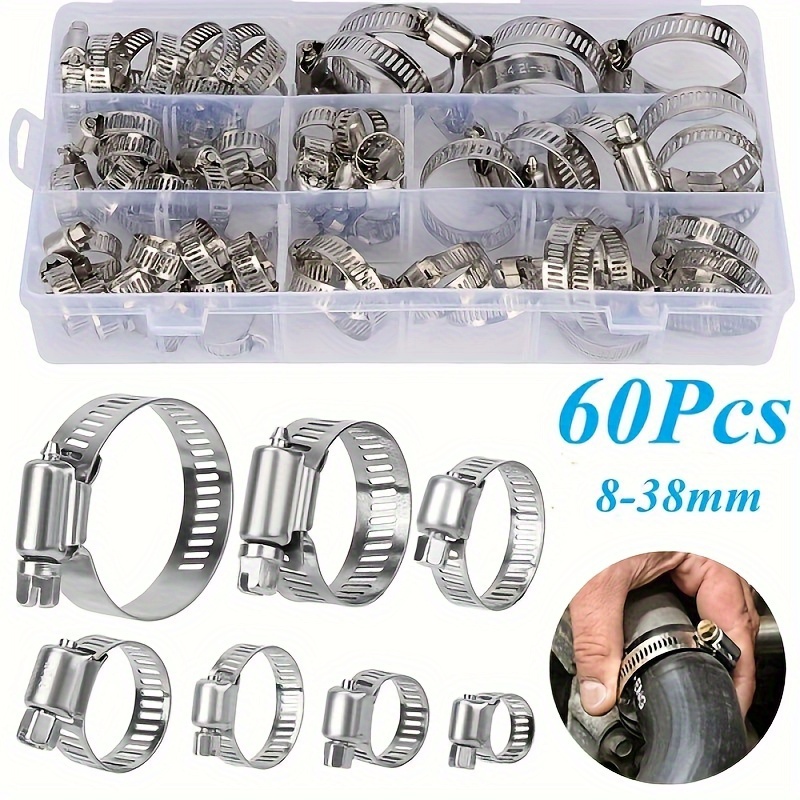 

Value Pack 60pcs Stainless Steel Hose Clamps: Multifunctional With An Adjustable Range Of 8-38mm, Durable And Leak Proof, Perfect For Safe Sealing