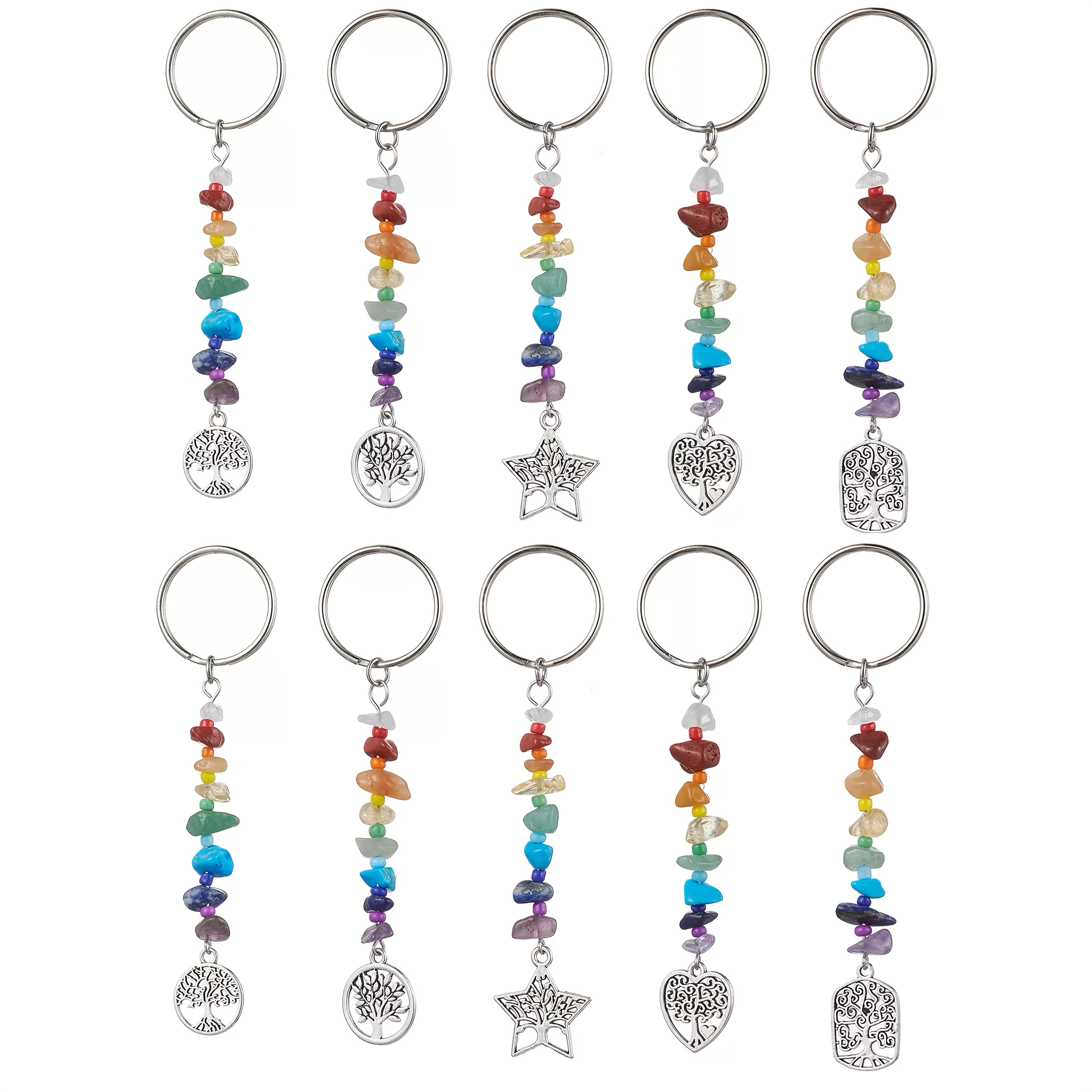 Image of A Set Of 10 Tree Of Life Keychains, Featuring Natural Gemstone Beads And Alloy Pendants In Shapes, Stylish Additions For Women