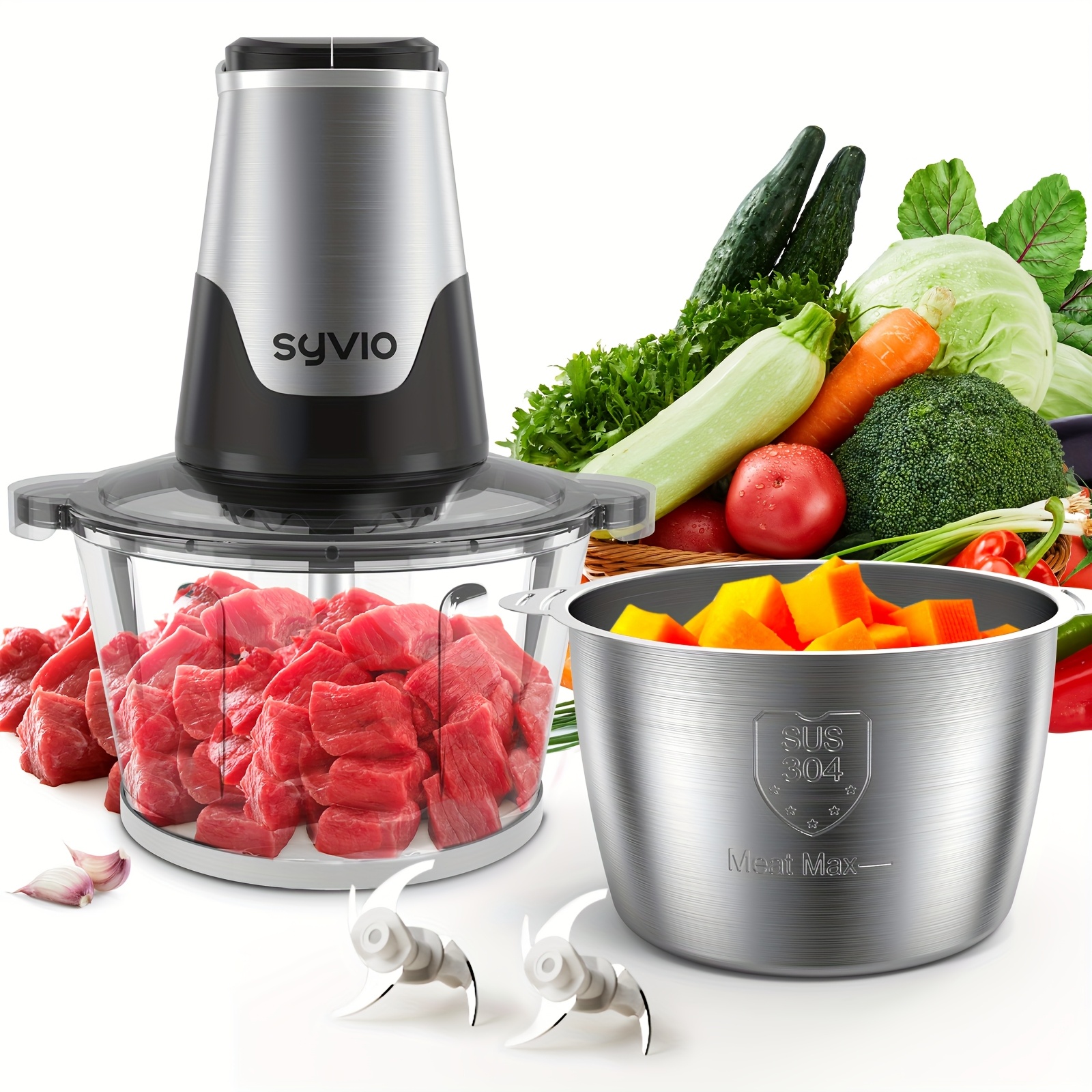 TEMU Syvio Food Processors With 2 Bowls, Meat Grinder 4 Blades, Mini Electric Food Chopper 450w, For Baby Food, Meat, Onion, Vegetable Chopper, 2