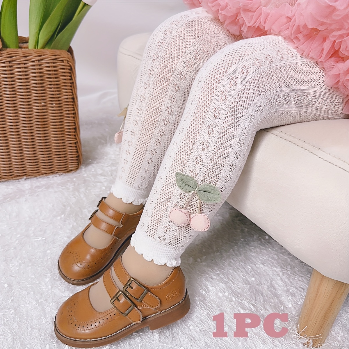 1pc Girls' Side Pendant Cherry Mesh Breathable Ankle Pants