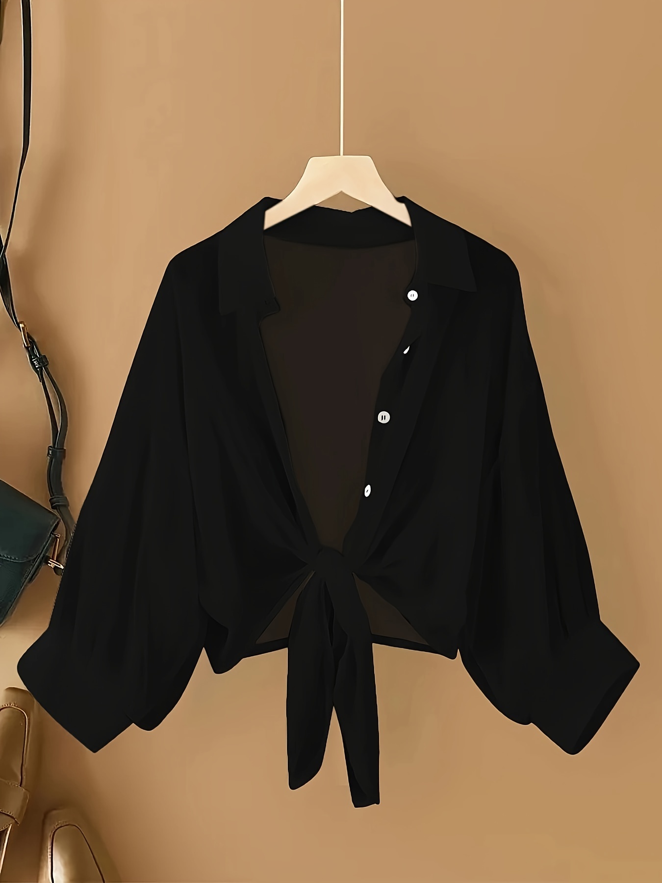 Plus Size Women's Lightweight Semi-Sheer Chiffon Cardigan - Short Sleeve Open Front Cover-Up with Front Bow Tie Detail, Beach Cover-Up for Swimsuits, Casual Elegance All-Season Machine Washable, Seasonal Fashion | Feminine Bow Detail | Soft Drape Fabric