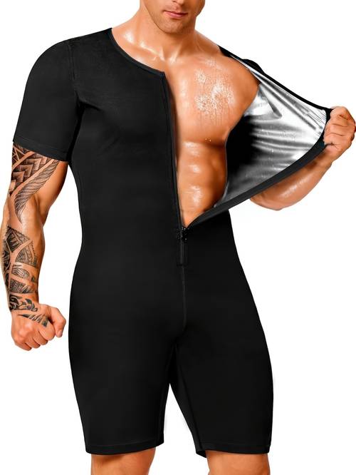 mens sweat inducing bodysuit tummy control sports neck short sleeve corset fitness bodysuit