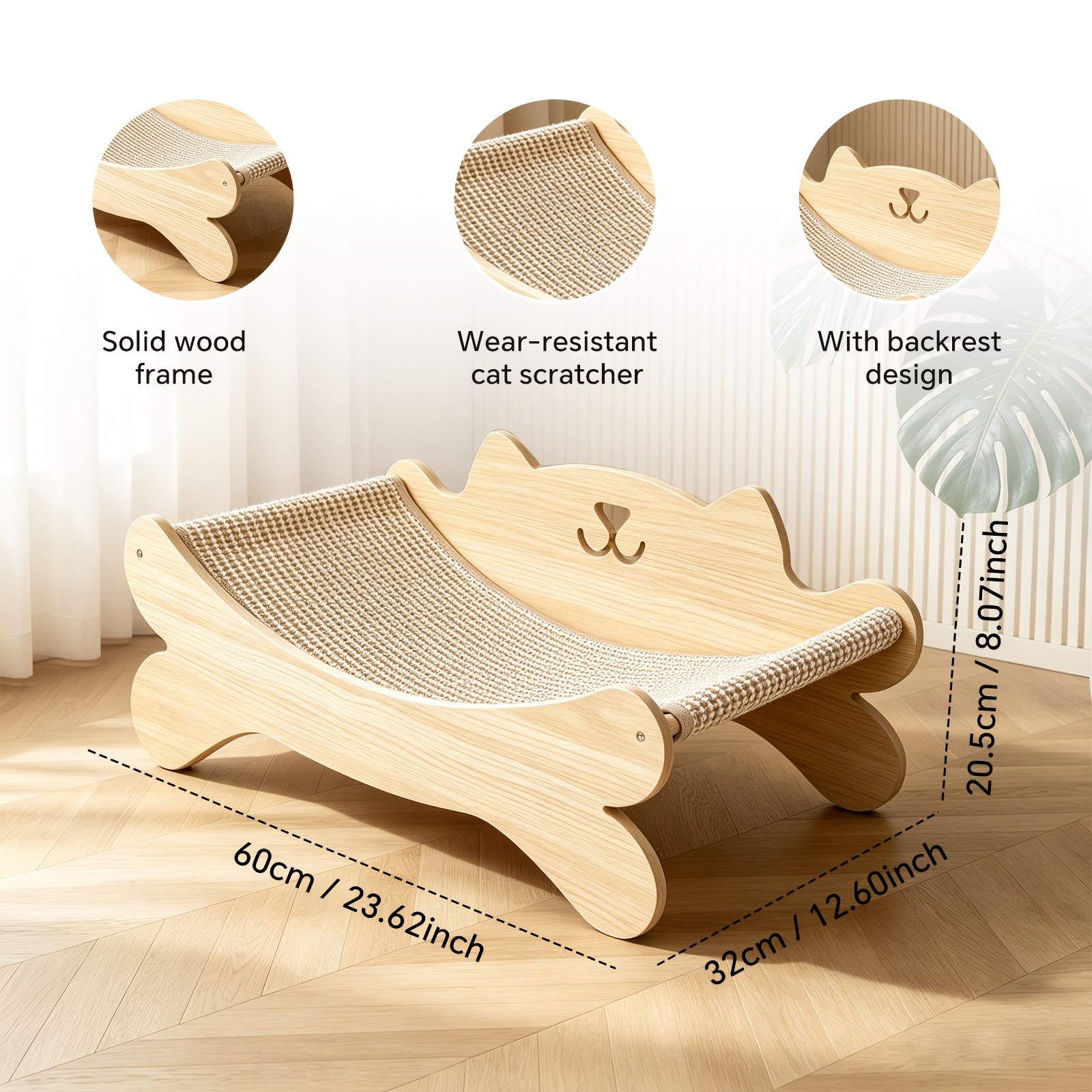 TEMU Hamac pour chat en bois avec surface à gratter en sisal, fauteuil de détente pour chats d'intérieur, combo multifonctionnel grattoir et lit pour