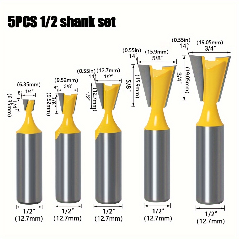 Slukueda Schwalbenschwanzfräser-Set (5 Stück, 8 Mm Schaft) – 1/4″, 1/2″, 3/8″, 5/8″, 3/4″ – Für Holz & MDF