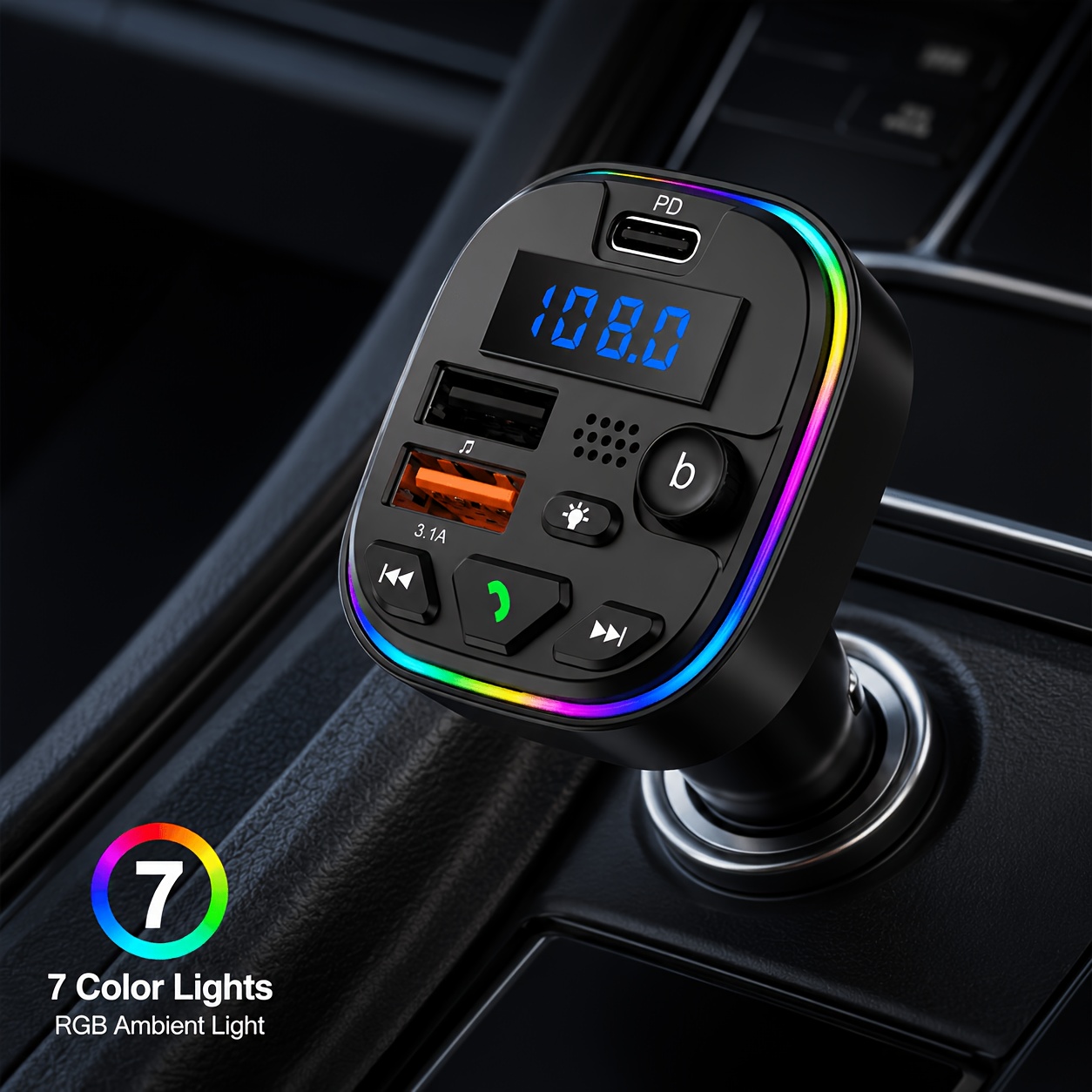 TEMU Car Bluetooth 5.4 Fm Transmitter, 5v/3a Usb-c & Usb-a Car Charger Adapter With Rgb Ambient Light, Led Display, Calling, Mode, Usb Flash Drive Music For 12v-24v Vehicles
