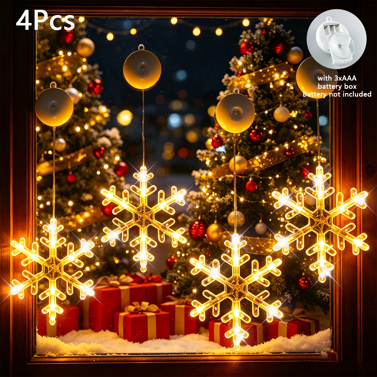 TEMU 4pcs, Snowflake Suction Cup Lights, Party Packs, Christmas Decorations, Window Lights, Warm White & Multicolor, Autumn, Winter Decor, Battery