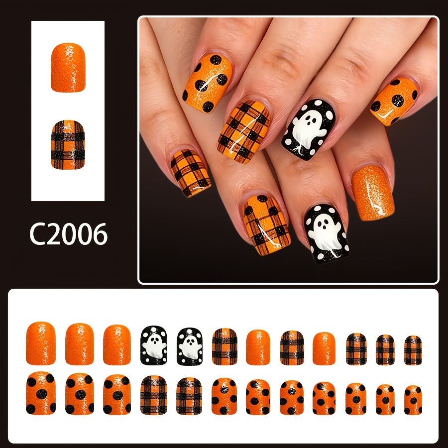 TEMU 24pcs 24pcs Short Square Press-on Nails Suitable For Women & - Glossy Glitter Orange/black Plaid & Patterns, Short Length Suitable For Daily