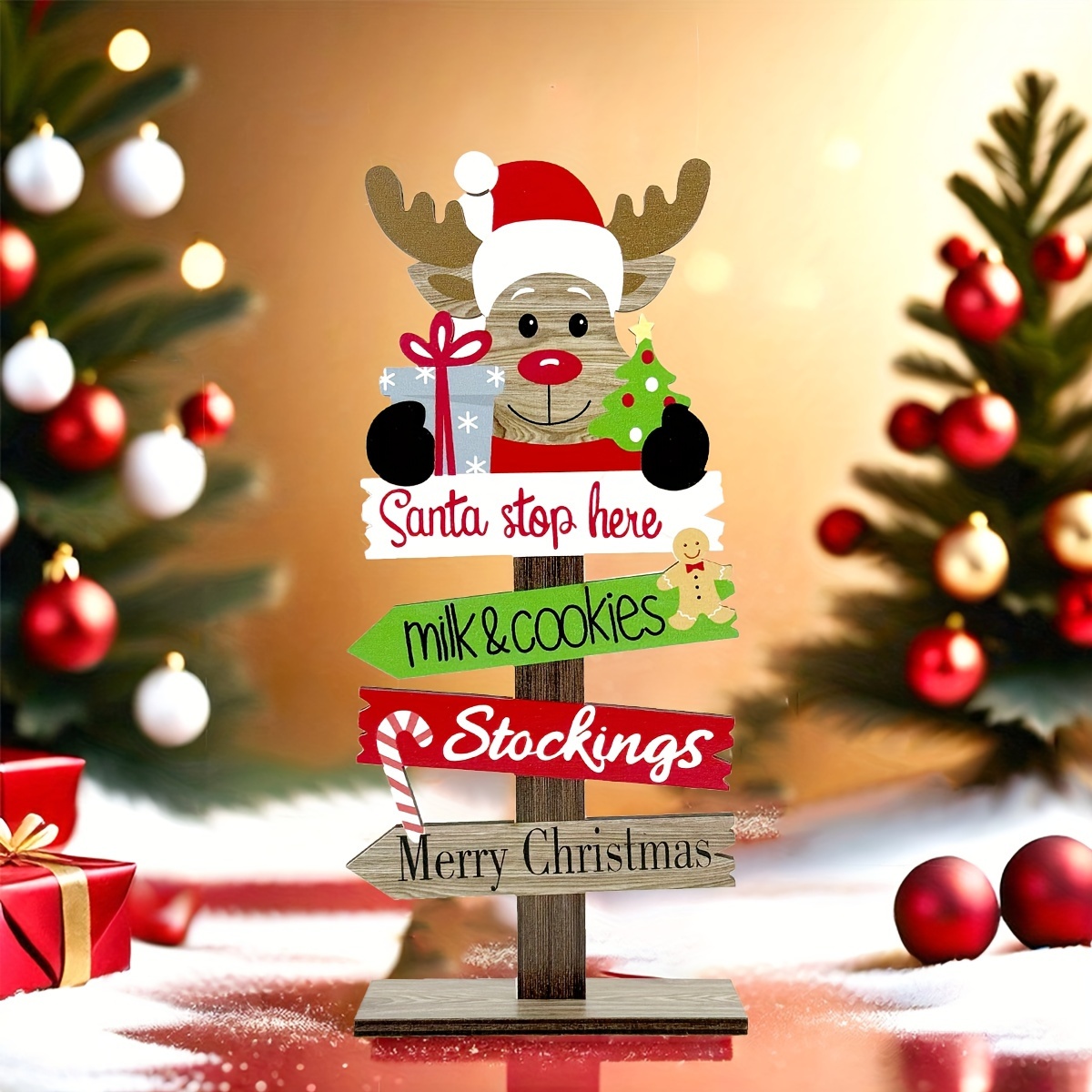 Image of Family New Christmas Decoration Wooden Letter Desktop Ornament Santa Snowman Reindeer Wooden Figurine