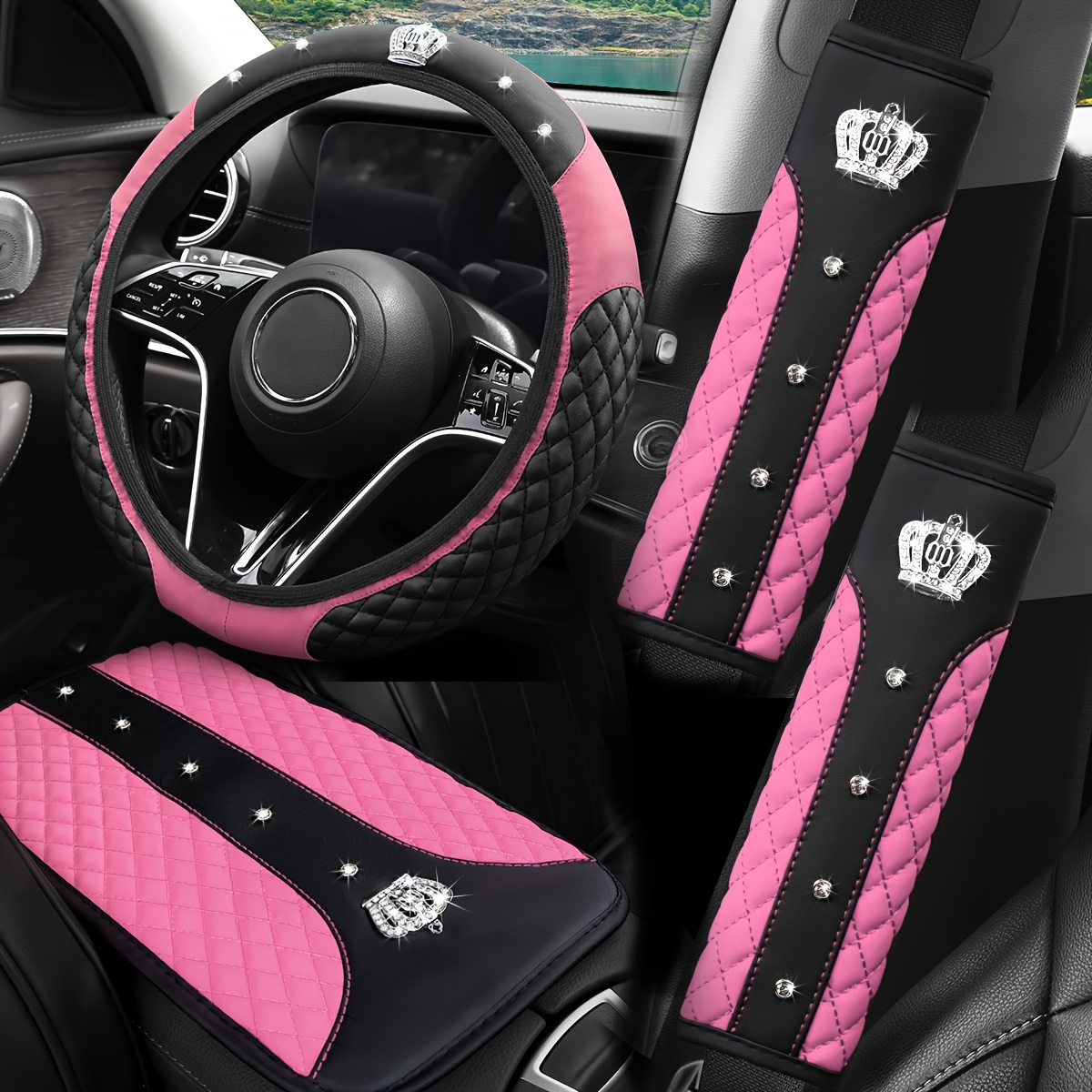 

4pcs Crown Glitter Pu Leather Car Steering Wheel Cover Set, Non-slip, No , Woven, Universal Fit For 37-38cm Wheels, Fashion Accessories