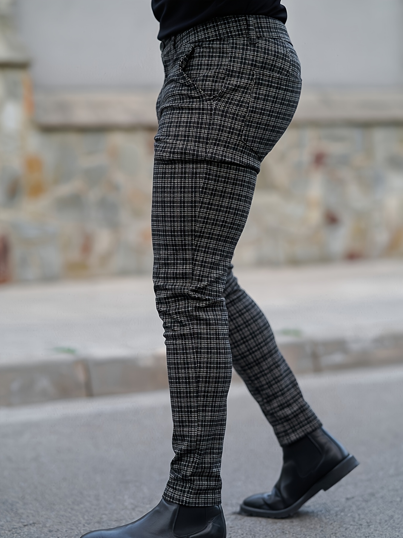 Men's Dark Gray Mature Commuter Elegant Plaid Trousers Casual Pants