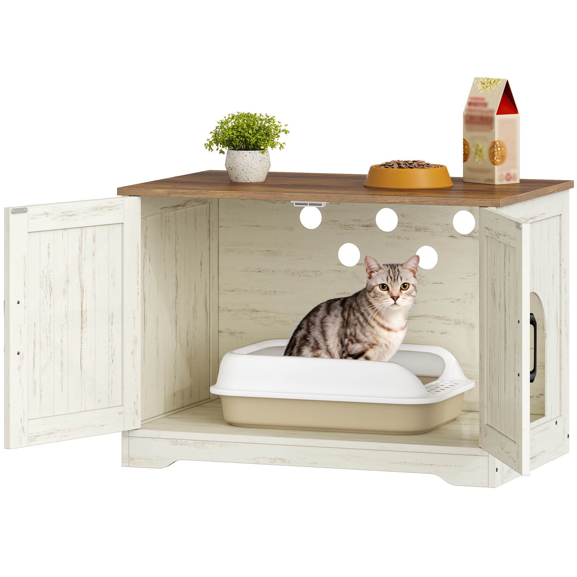 Enclosure For Cat Litter, Concealed Litter Box Furniture, Wooden Cat House That As A Side Table With And A Side Entrance, Suitable For Indoor Cats Room, Dimensions 80 X 50 X 55 Cm, In Brown And White