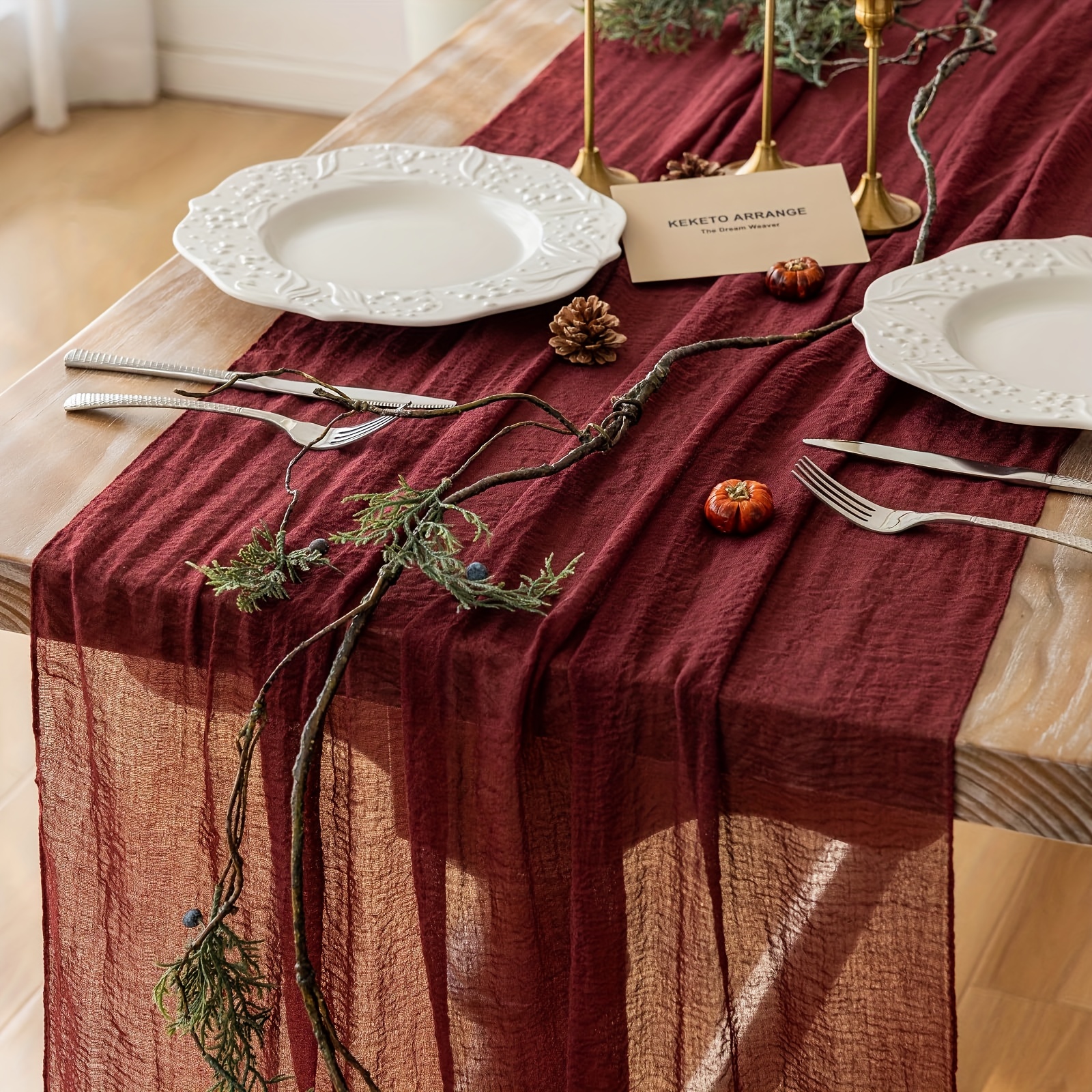 Burgundy Bubble Gauze Table Runner, Sheer Country Cheesecloth Table 120 Inches (. ) For Wedding, Baby Shower, Bridal Shower, Birthday Party, Transparent Bohemian Table Runner, Christmas Decoration