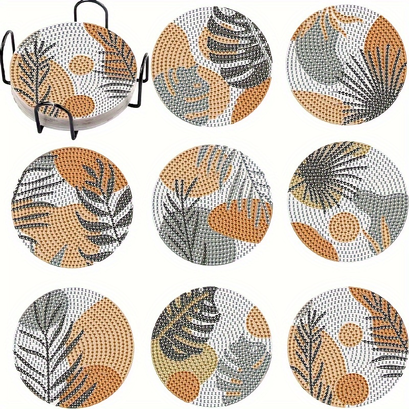 

8-piece 5d Diamond Painting Leaf Coaster Set With Stand - Round Diamonds, Natural Wood - Perfect For Adults & Beginners Home Decor Art Gift