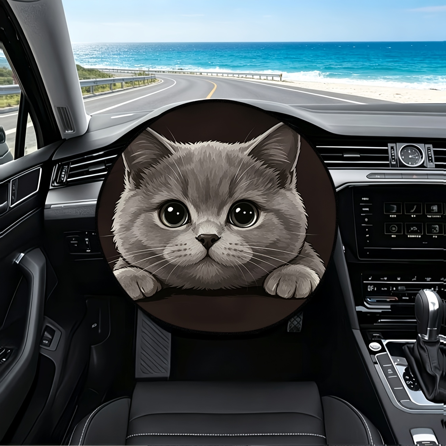 TEMU 1pc Gray Cat Lying Down Cute Steering Wheel Sunshade, Sun Protection And Heat Insulation, Summer Car Interior Essential, Enhancing Driving Mood,
