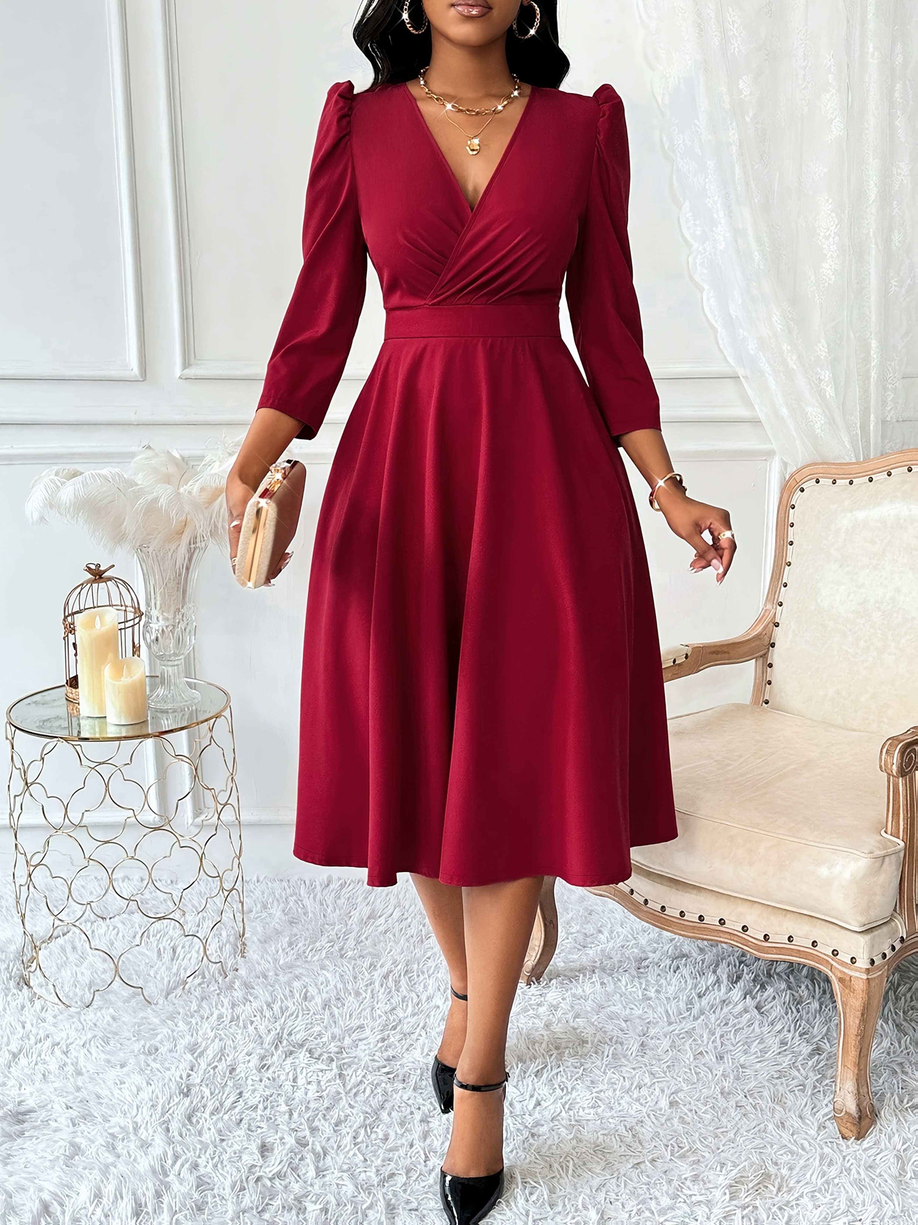 womens a line maxi dress v neck right eyelet detail long - Temu Colombia