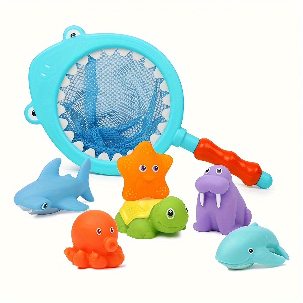 

Bath Toy, Fishing Floating Animals Squirts Toys Games Playing Set With Fishing Net, Fish Net Game In Bathtub Bathroom Pool Summer Toys For Babies Toddlers Kids