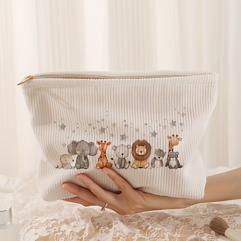 Image of Adorable Animal Print Corduroy Makeup Bag, Scent-free Polyester Cosmetic Pouch With Zipper Closure For , Cosmetic Storage | Whimsical Animal Print | Polyester Makeup Bag, Large Makeup Bag