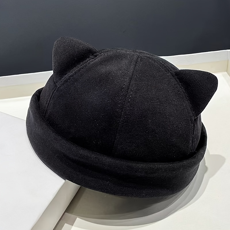 Image of 1 Autumn And Winter Cute Cat Ear Beanie For Teen Boys, Stylish Beret Hat In Solid Color, Warm And Thick Peaked Cap