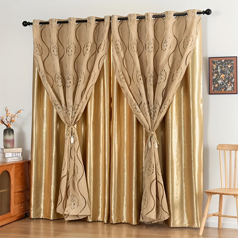 1 Cortina Europeia Vintage Dourada Vazada para Janela de Alta Qualidade para Sala de Estar, Varanda, Proteção Solar, Luz, Luxo, Cortina de Gaze Jacquard
