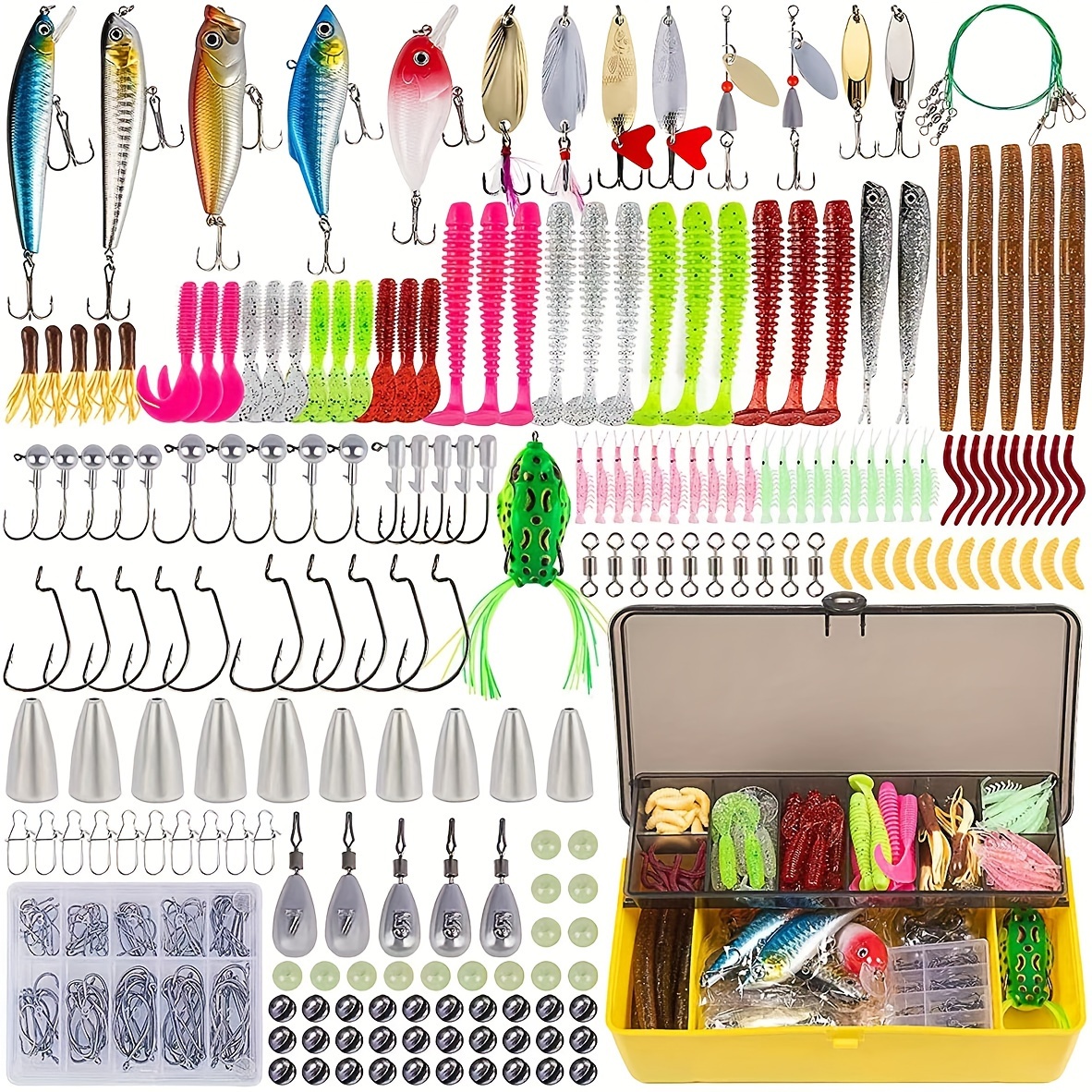 

Fish Bait Fishing Gear Includes Crank Bait, Rotating Bait, Plastic Worms, Fixtures, Topwater Bait, Fishing Gear Box, And More Fishing Gear Sets, 32/302 Pieces Set