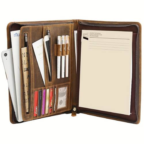 leather portfolio organizer with zipper for men women leather padfolio business portfolio notebook binder for a4 pad leather folio leather folder brown
