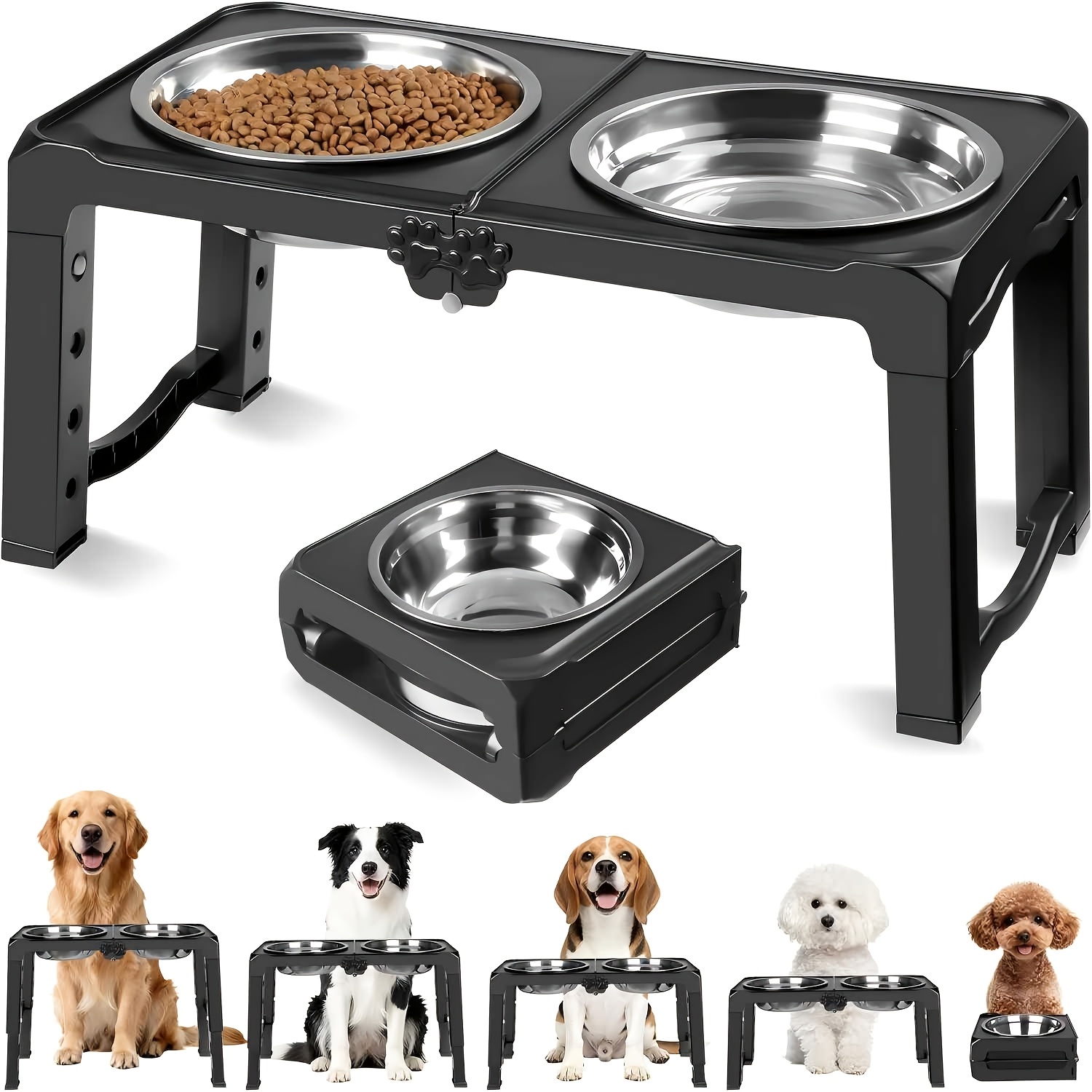 TEMU Foldable Elevated Dog Bowl Stand With Dual 7.8" Stainless Steel Bowls, 5 Adjustable (3.9"/9.9cm-13.4"/34cm), Anti-slip Portable Travel Pet