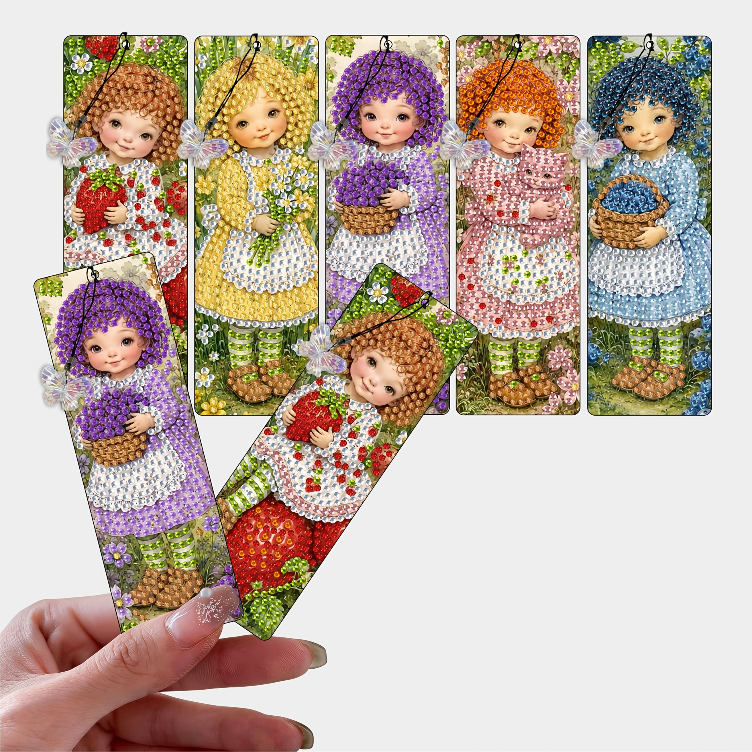 TEMU 5pcs Little Girl Theme Painting Bookmark Set Rhinestone Bookmark Set With 5pcs Crystal Charms, Suitable For Beginner Crafts, Ideal For Book