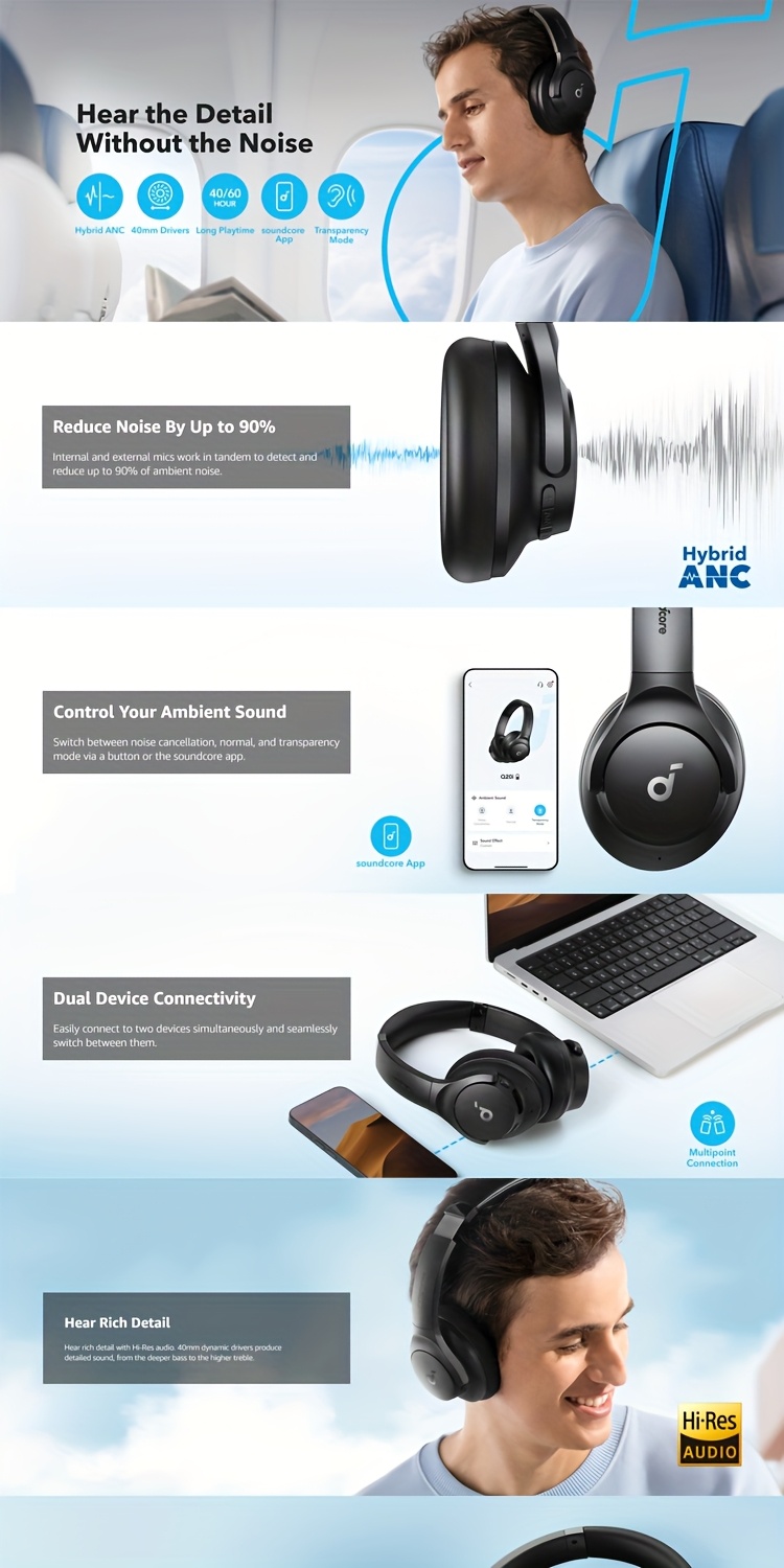 Soundcore by Anker Q20i over-ear headphones, active noise cancellation wireless earphones, HIFI high-quality sports headphones, for running, office, exercise, study, universal mobile phone headphones.