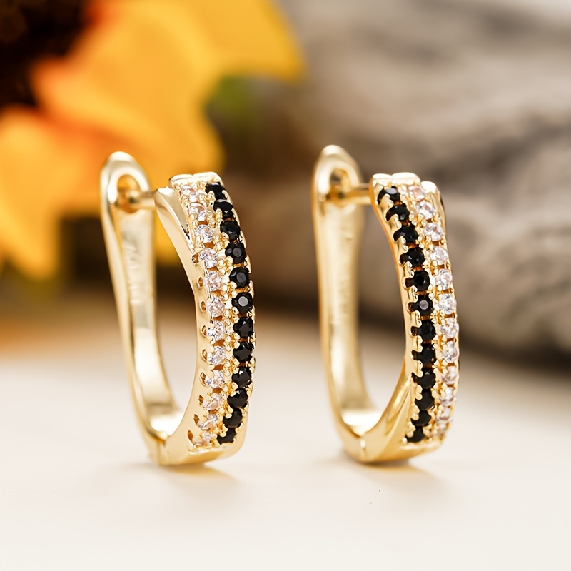 TEMU Cuy Women's Kc White & Black Synthetic Zirconia Hoop Earrings - Luxury Inlay Hoops With April Birthstone Jewelry, Elegant Party & Daily Wear