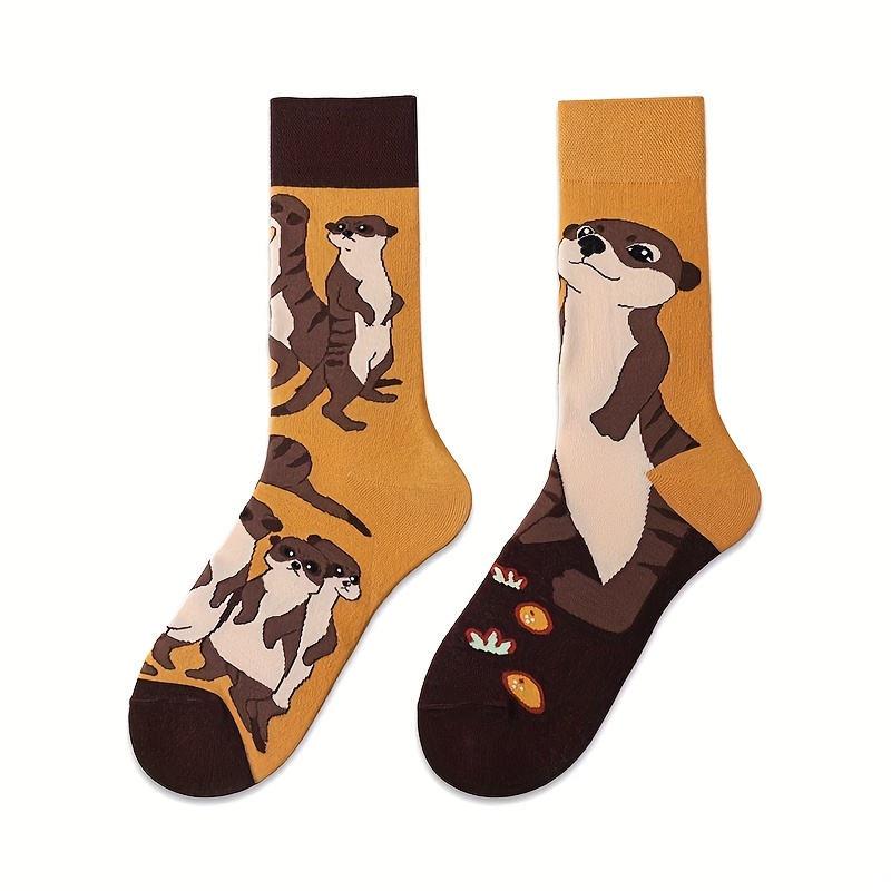 A Pair Of Asymmetrical Otter Print Mid-calf Socks, Cute Japanese-style Animal Socks, Unisex Versatile Socks For