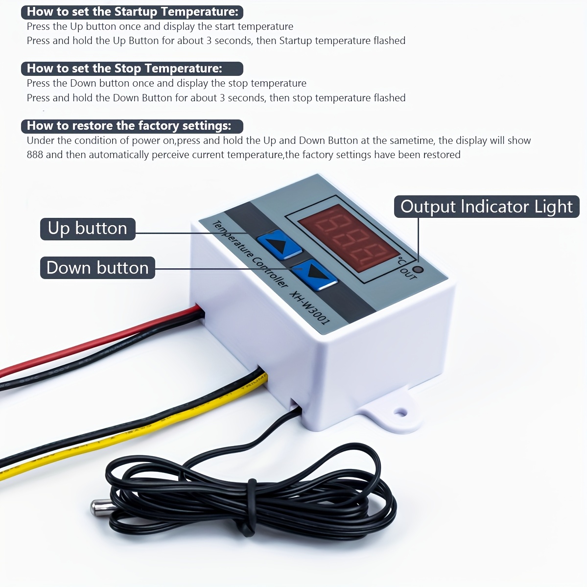 Juego de 4 interruptores de control de temperatura digital XH-W3001, termostato microcomputarizado con sonda NTC, rango de control de -50~110℃, ideal para incubadora, acuario, invernadero, refrigerador y sistemas de calefacción/refrigeración
