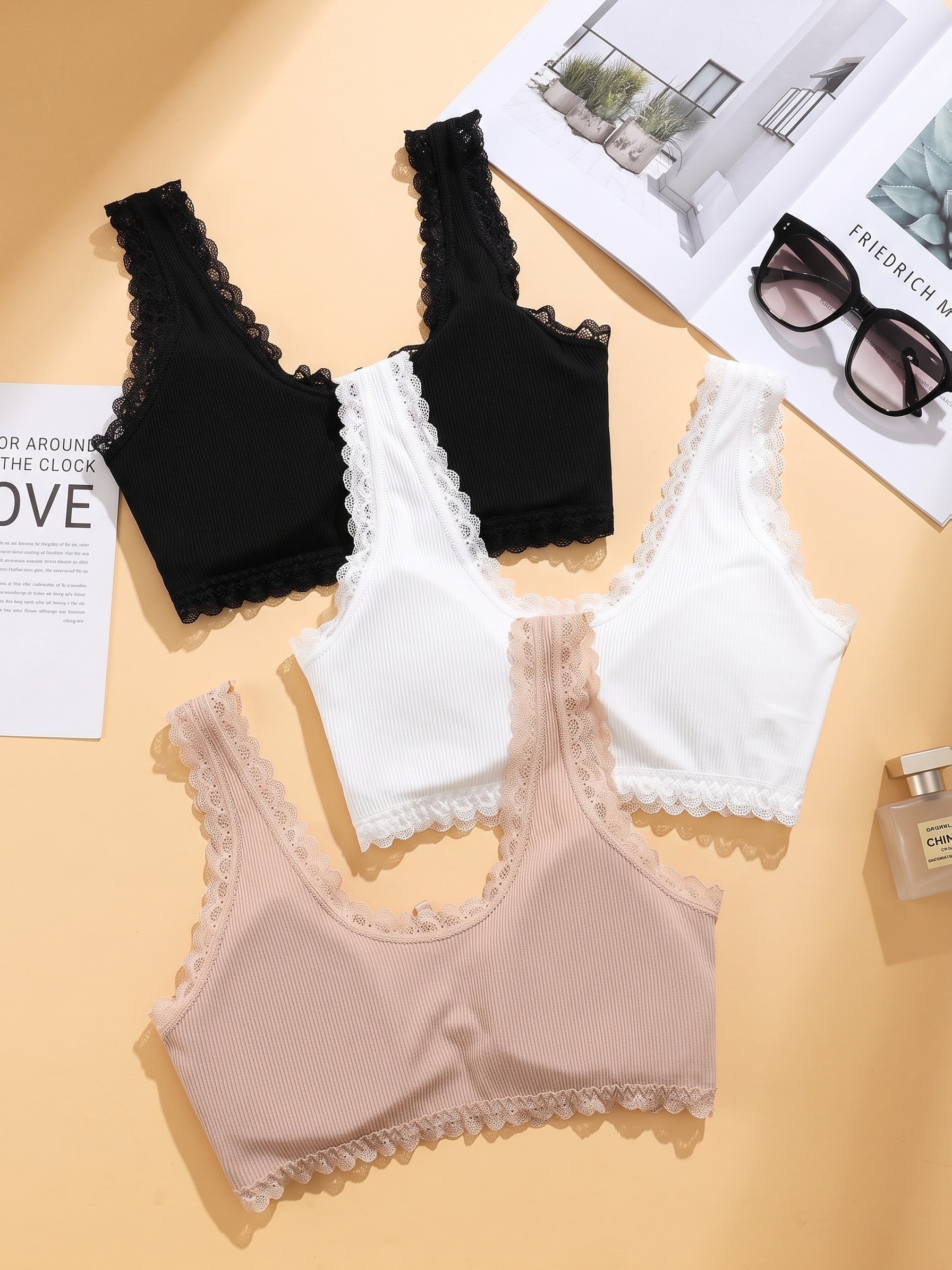 Women's 3pc Lace Sports Bra Set, Bow Neckline Design