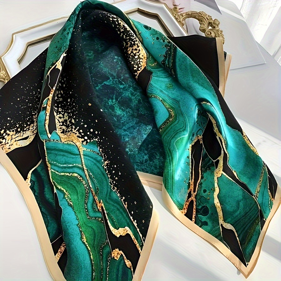 

1pc 27.5" Green Print Square Scarf Simulated Silk Neck Scarf Elegant Style Sunscreen Headscarf For Women