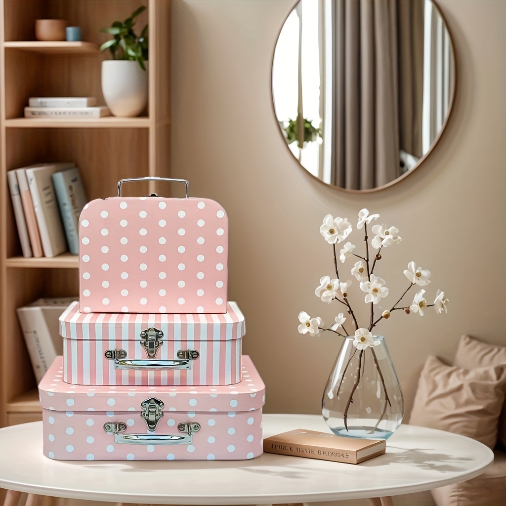 

3pcs Vintage Lidded Polka Dot Striped Suitcase Wedding Gift Box