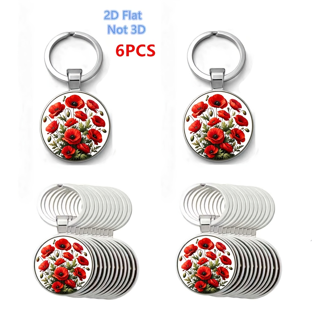 TEMU 2d Flat, 2d Flat - 2d Flat, 2d Flat - Gift For Her/him Poppy Flower Element Metal Keychain, 6pcs Colorful Round Keychain Pendant - 2d Flat, Not