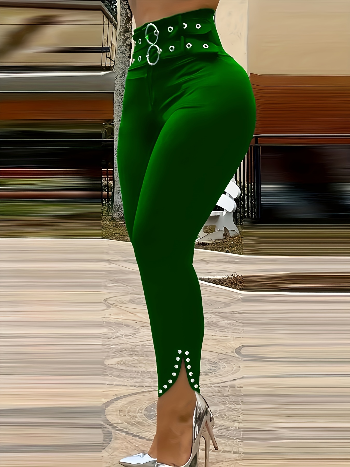 Chic Green High-Waist Skinny Pants with Elegant Button & Grommet Detail - Versatile, Stretchy Polyester, Machine Washable - Perfect for All Seasons