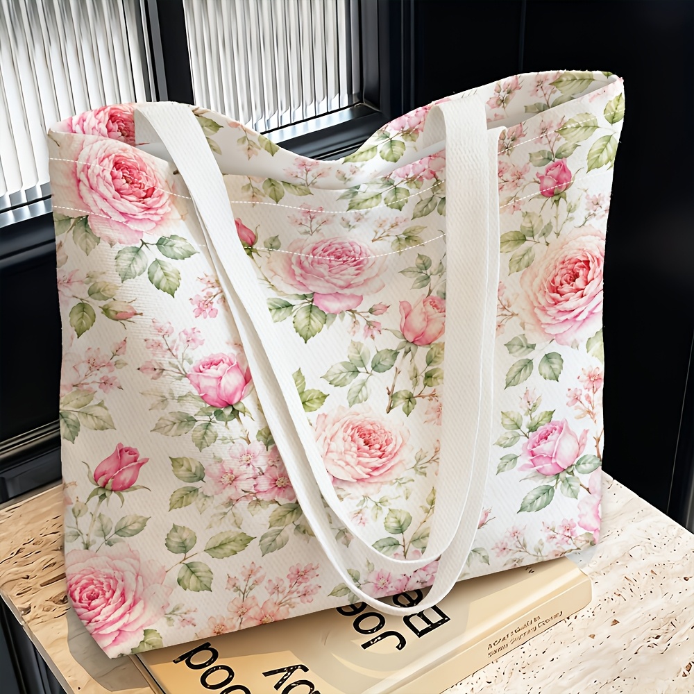 TEMU 1pc Women'-shoulder Bag With Pink Floral Pattern, Multi-functional, Tote Bag, Clutch, Evening Handbag, Travel Essential, Fashionable And Casual,