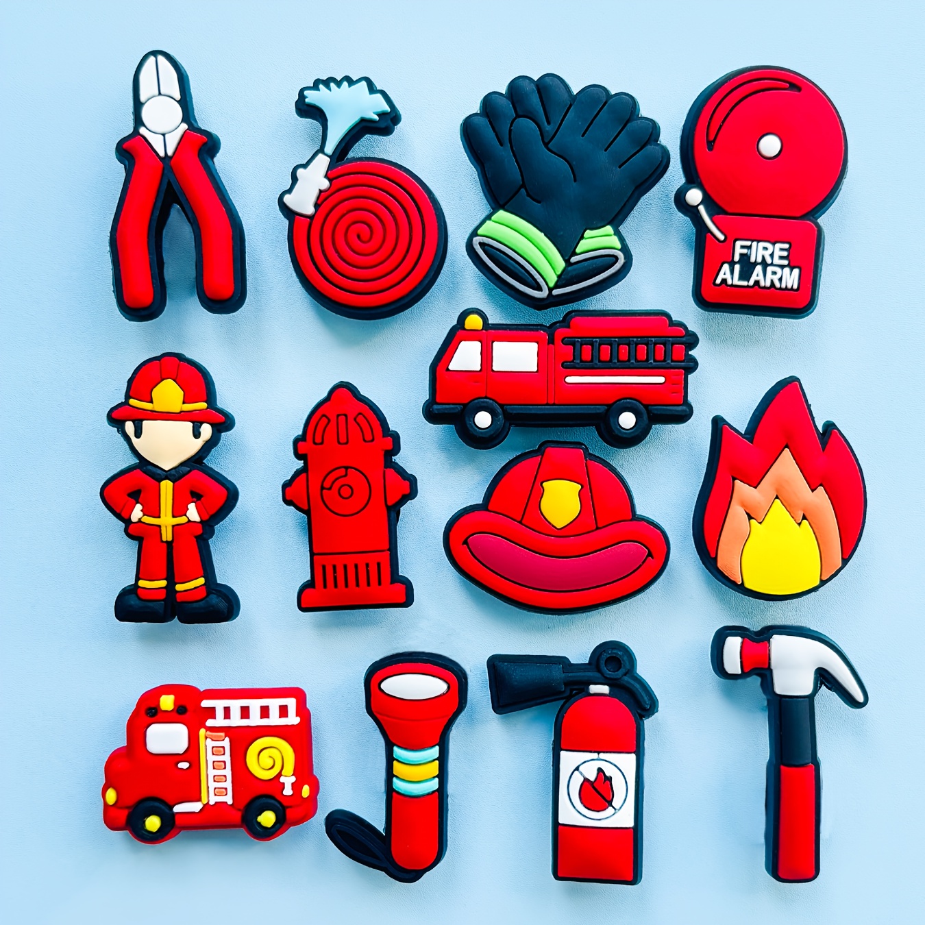 Image of 13pcs Flame Warrior Firefighter-themed Pvc Shoe Hangers - Engine, Helmet, Water Gun, Etc. - Interesting Shoe Decorations And Festive Party Gifts, Firefighter Gifts