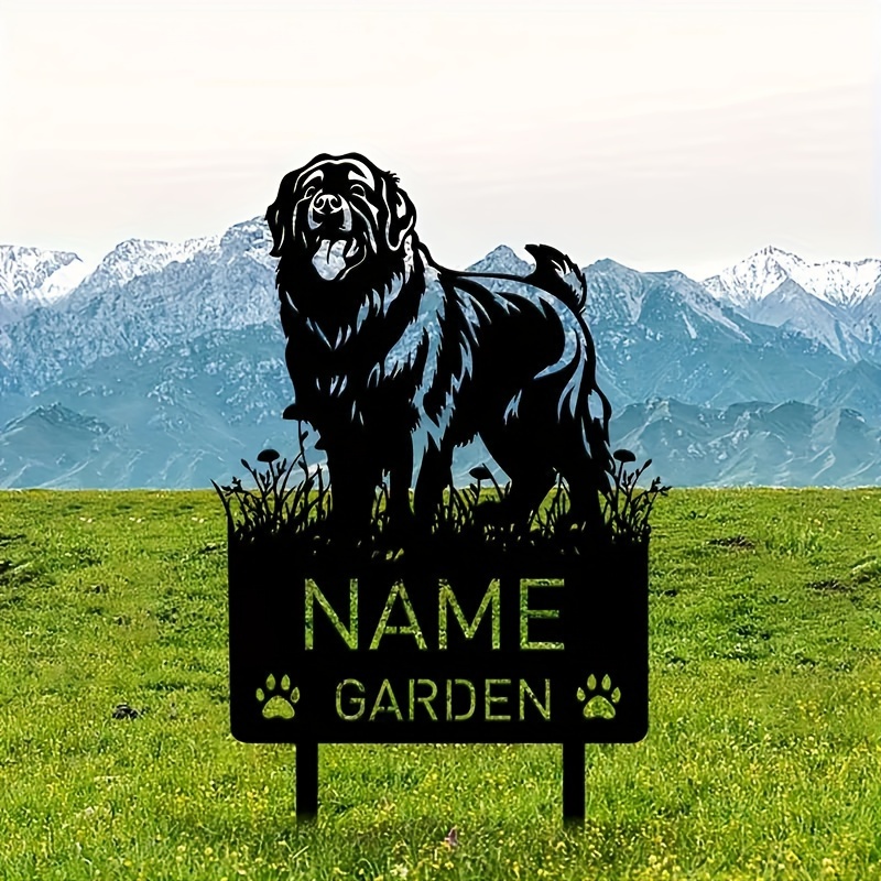 

Vintage Style Metal Newfoundland Dog Garden Sign - Personalized Pet Memorial With Custom Nameplate, Floor Mount Animal Theme Outdoor Lawn Decor For Christmas, No Electricity Or Battery Needed