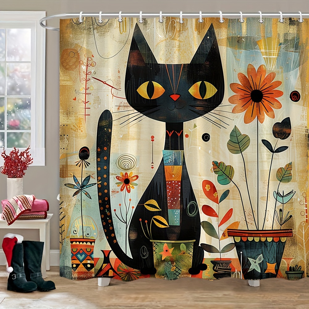 

Cat & Floral Watercolor Shower Curtain - Polyester, With Hooks Included, Bathroom Decor