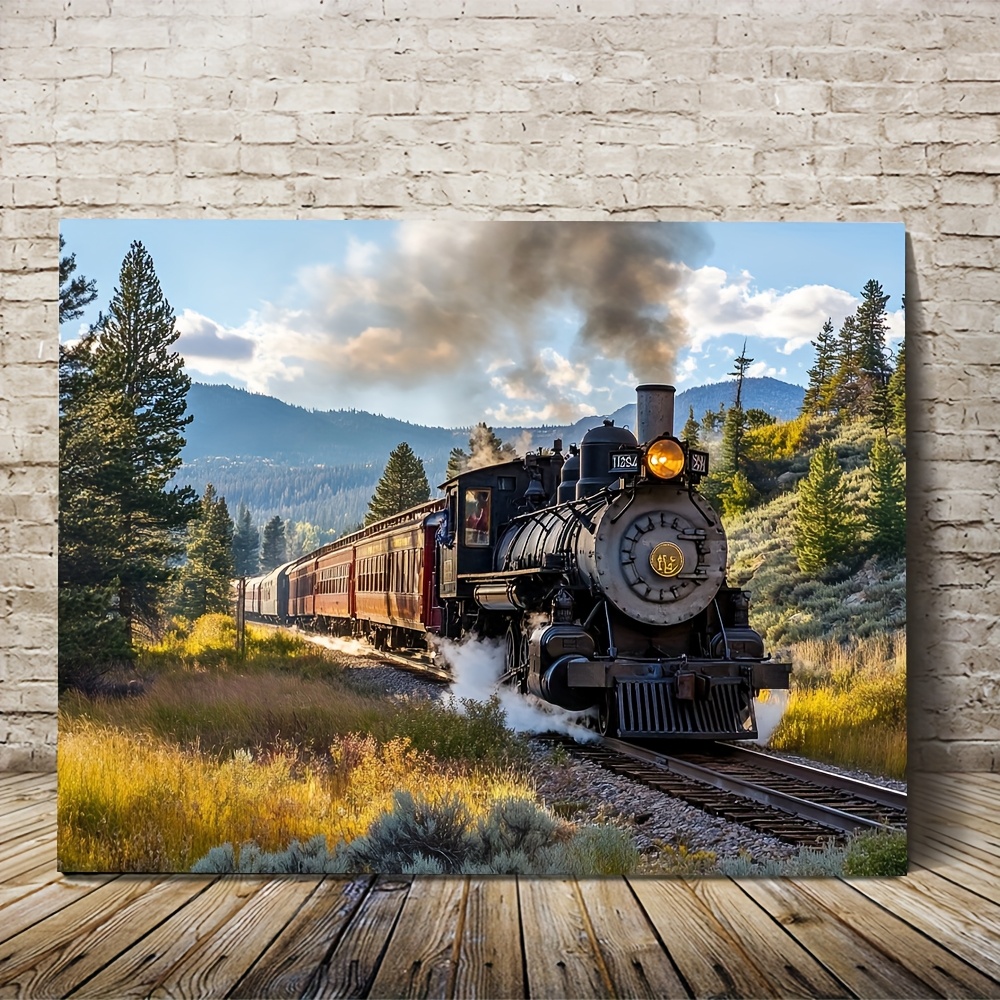 TEMU 1pc, 2d Flat Wooden Framed Canvas Wall Art Ready To Hang, Train Canvas Art Steam Old Train Art, 11.8inchx15.7inch, Canvas Decor Wall Art For