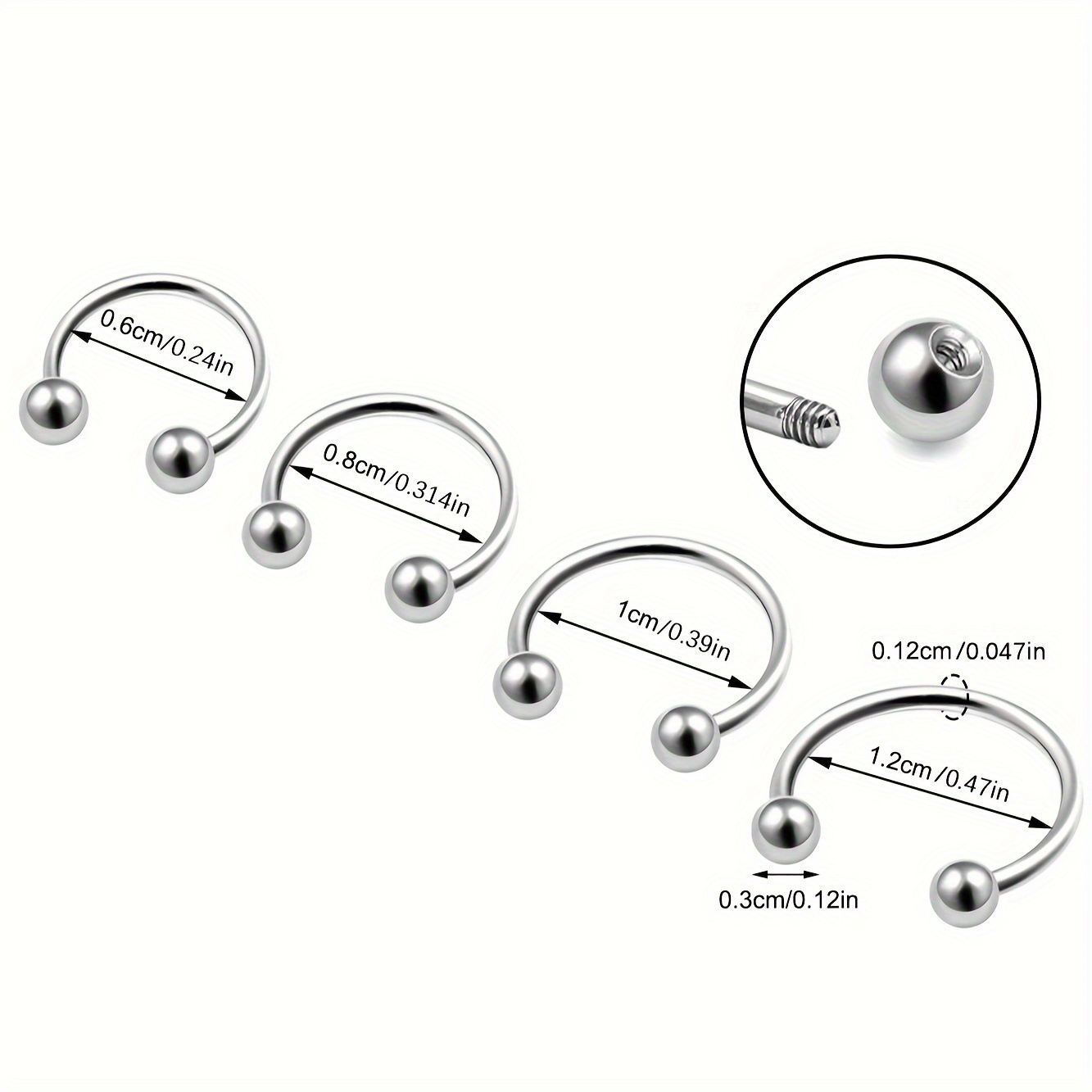 E-shop 4er-Set Mehrspezifikation Einfacher Edelstahl Nasenseptumring, Nasenring, Spiral Ohrschirm Knorpelohrringe, Lippenring, Augenbrauenring,
