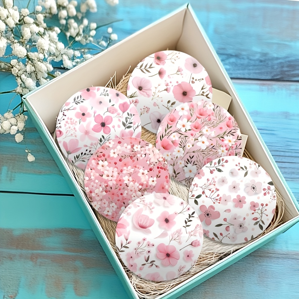 TEMU 6pcs Set Of Wooden Spring Pink Flower Coasters And Wooden Cup Holders, 2d Flat Spring Pink Coasters, Suitable For Patio Tables, Kitchens, Living