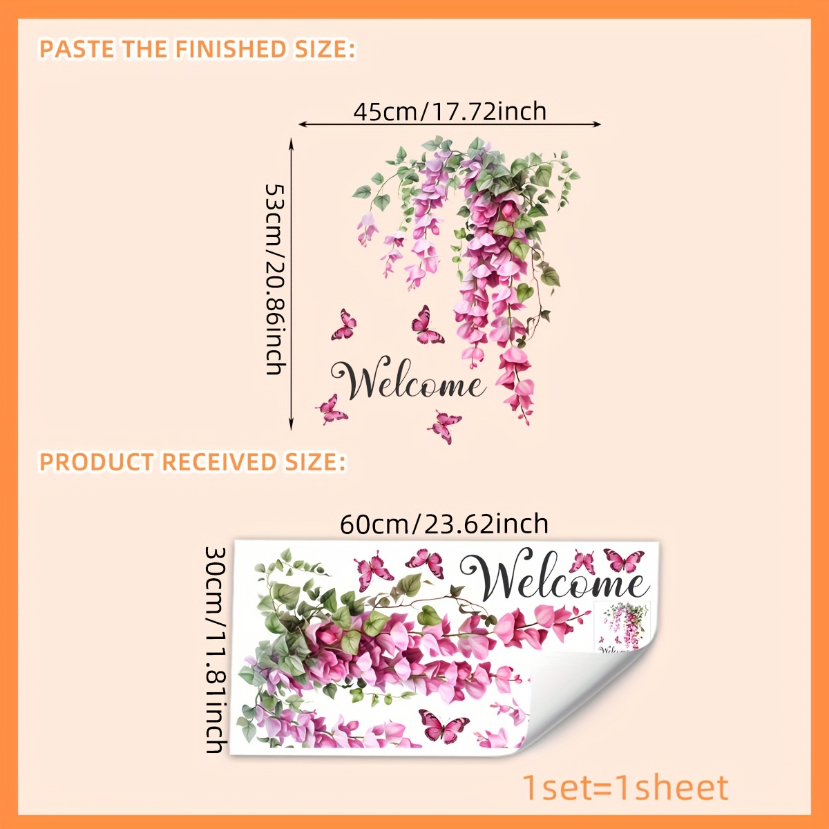 Image of A Pink Vine Floral English Welcome Door Sticker (30*60cm) For Living Room, Bedroom, Home Background Decoration, Self-adhesive Wall Decal Ms2524-kq
