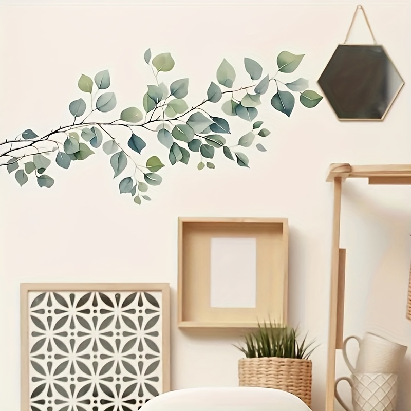 Image of 1pc Green Leaves And Branches Sticker, Self-adhesive Removable Sticker, Greenery Sticker, For Living Room, Bedroom, Sofa, Tv, Background Wall Decoration, Home Art Decor