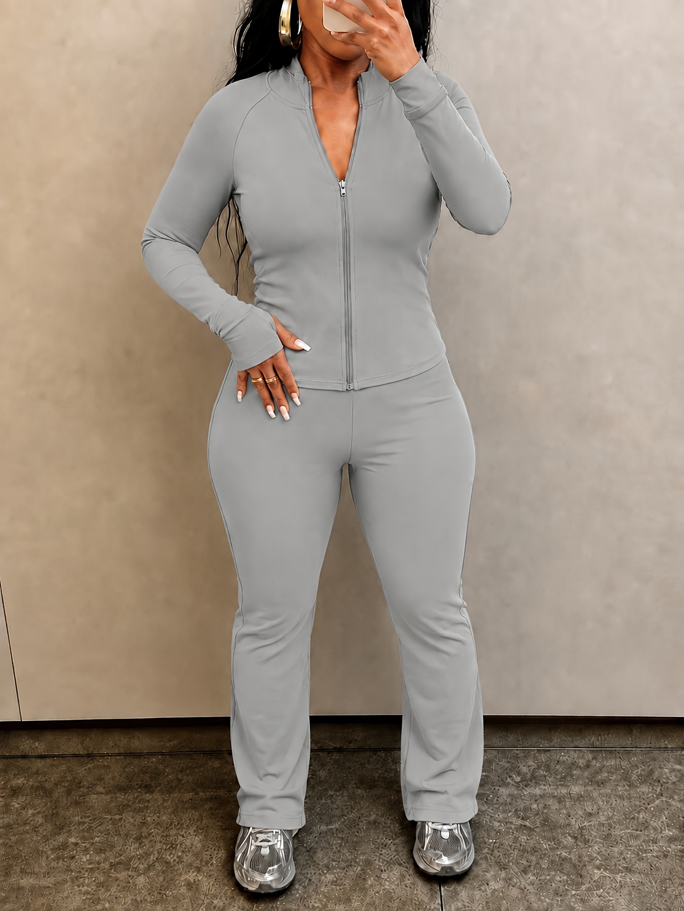 Women's Casual Two-Piece Set - Fitted Zipper Jacket and Trousers
