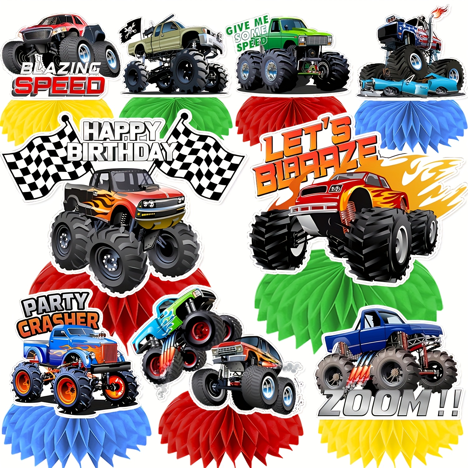 

9pcs Monster Truck Themed Honeycomb Ball Table Centerpieces, Paper Party Decorations For Off-road Racing Birthday & Shower, No Electricity Needed