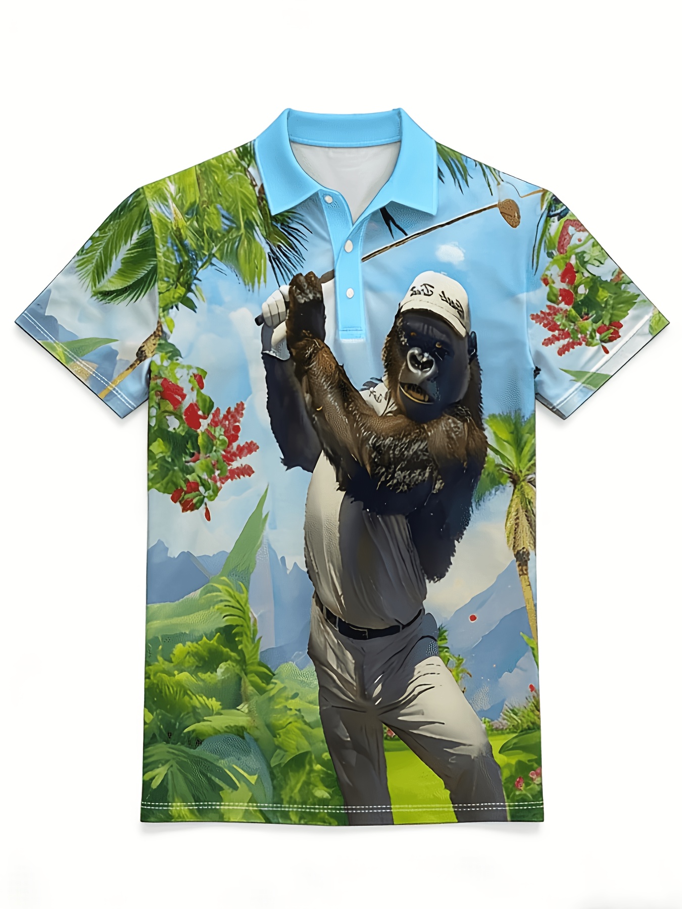 mens fun gorilla golf print     tree and golfer design breathable short sleeve sportswear suitable for casual and golf   machine washable regular fit ideal gift for golf enthusiasts spring fashion autumn wear