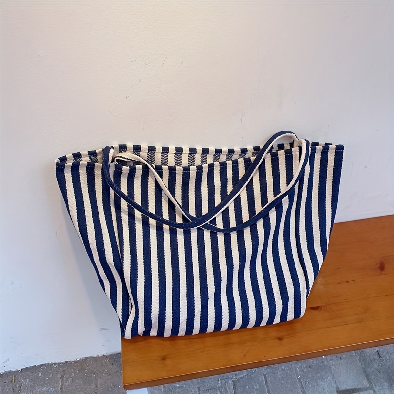 

Striped Canvas Tote Bag For Women, Large Capacity Shoulder Bag For Summer, Retro Handbag For School Traveling Shopping